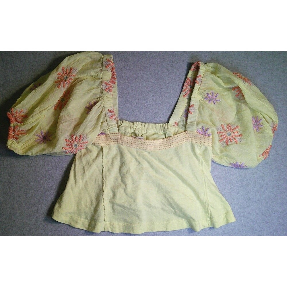 Urban Outfitters Sz S Top Yellow Crop Peasant Embroidered Floral Festival Boho